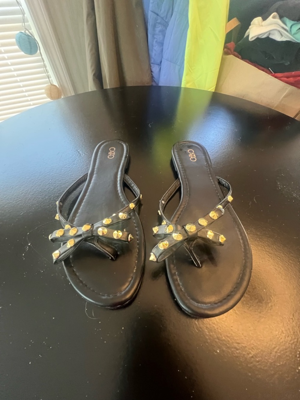 Cato Black Studded Bow Thong Sandals